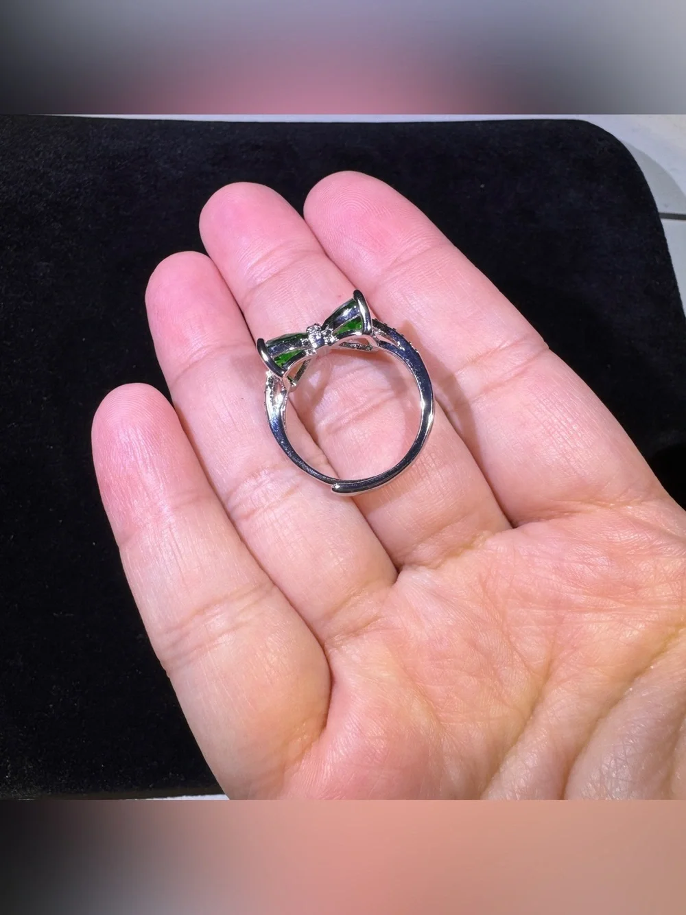 Green Gem Bow Ring - Sparkling Emerald-Tone Stones- adjustable in size
